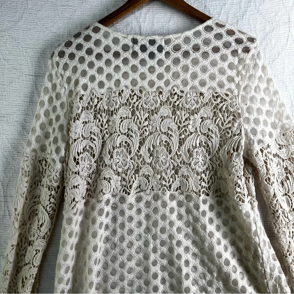 Sunday in Brooklyn Tunic Top Womens Large Crochet Cotton Sheer Lace Cream Shirt